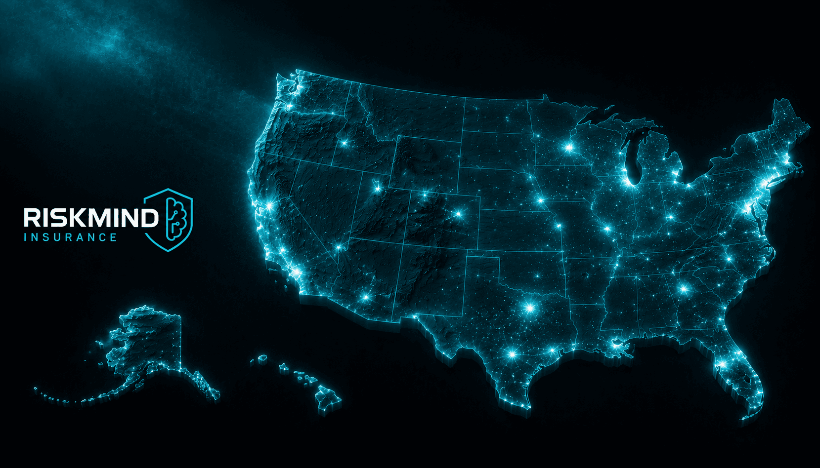 Cyan-lit map of the United States with the RiskMind brand mark. Licensed in all 50 states plus the District of Columbia.