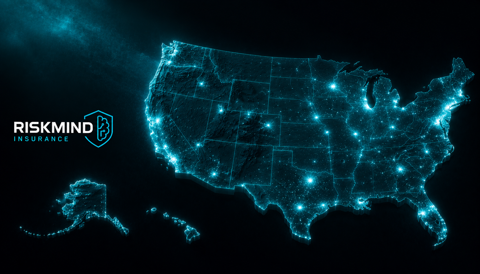 Cyan-lit map of the United States with the RiskMind brand mark. Licensed in all 50 states plus the District of Columbia.